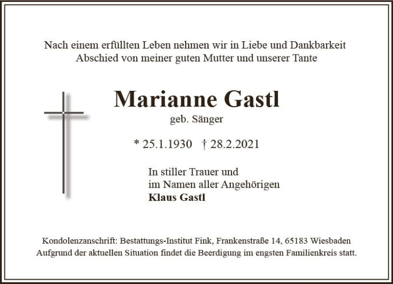  Traueranzeige für Marianne Gastl vom 06.03.2021 aus vrm-trauer