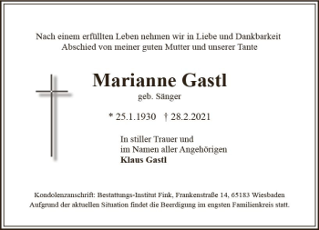Traueranzeige von Marianne Gastl von vrm-trauer
