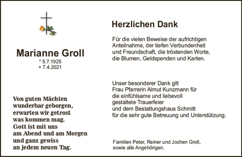  Traueranzeige für Marianne Groll vom 11.03.2021 aus vrm-trauer