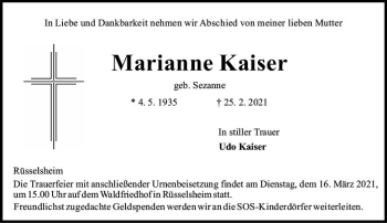 Traueranzeige von Marianne Kaiser von vrm-trauer