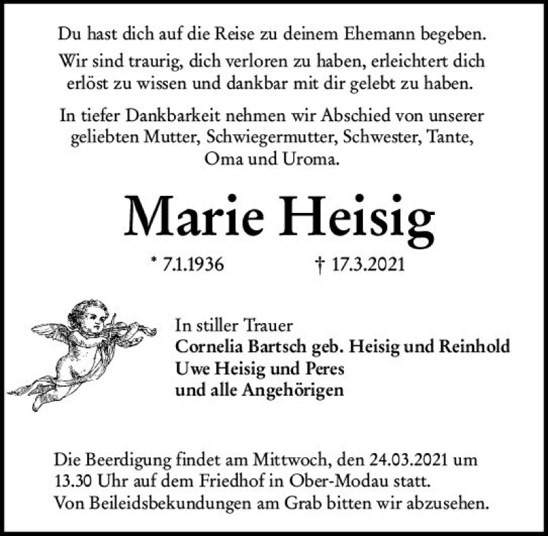  Traueranzeige für Marie Heisig vom 20.03.2021 aus vrm-trauer