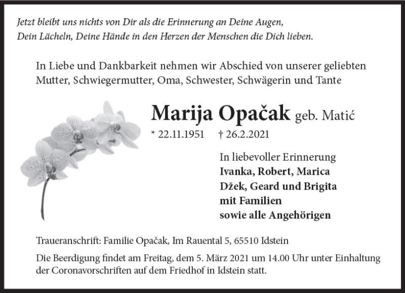  Traueranzeige für Marija Opacak vom 03.03.2021 aus vrm-trauer