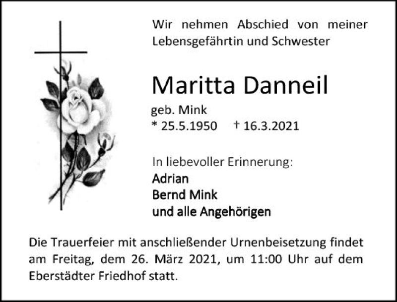  Traueranzeige für Maritta Danneil vom 20.03.2021 aus vrm-trauer