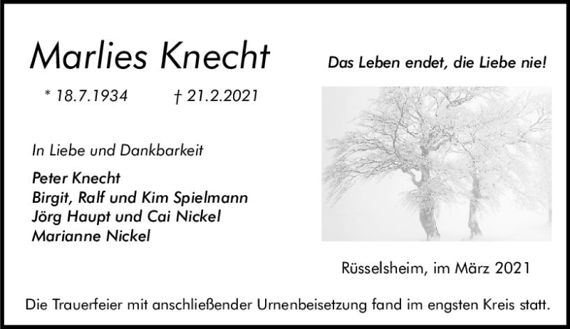  Traueranzeige für Marlies Knecht vom 13.03.2021 aus vrm-trauer