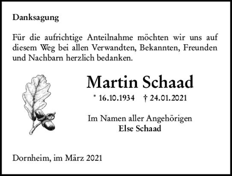  Traueranzeige für Martin Schaad vom 20.03.2021 aus vrm-trauer
