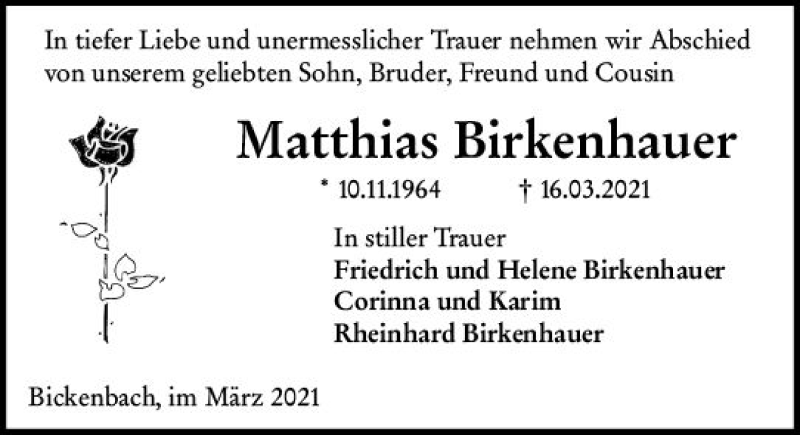  Traueranzeige für Matthias Birkenhauer vom 20.03.2021 aus vrm-trauer
