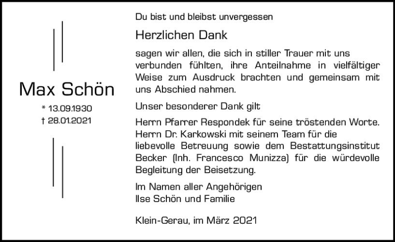  Traueranzeige für Max Schön vom 06.03.2021 aus vrm-trauer