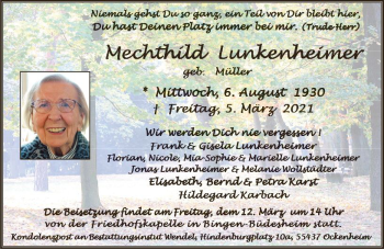 Traueranzeige von Mechthild Lunkenheimer von vrm-trauer