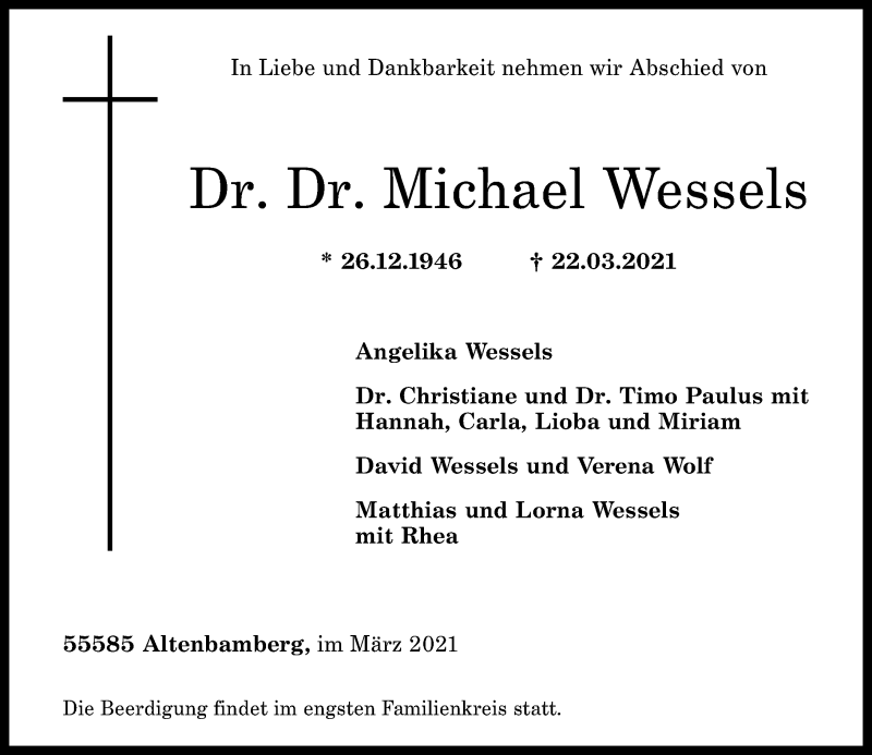  Traueranzeige für Michael Wessels vom 27.03.2021 aus vrm-trauer