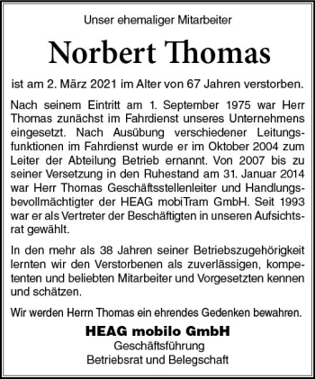 Traueranzeige von Norbert Thomas von vrm-trauer