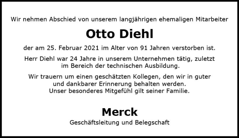  Traueranzeige für Otto Diehl vom 20.03.2021 aus vrm-trauer