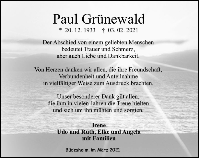  Traueranzeige für Paul Grünewald vom 06.03.2021 aus vrm-trauer
