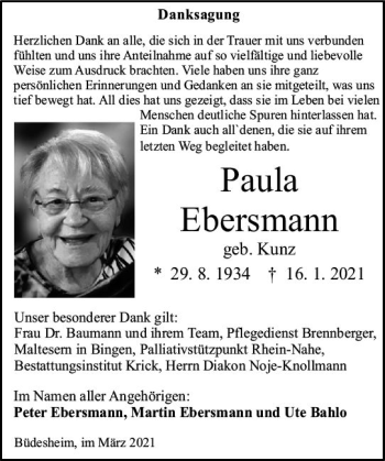 Traueranzeige von Paula Ebersmann von vrm-trauer