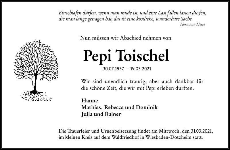  Traueranzeige für Pepi Toischel vom 27.03.2021 aus vrm-trauer