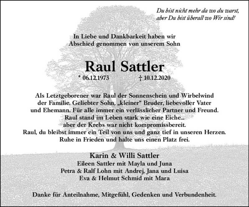  Traueranzeige für Raul Sattler vom 18.03.2021 aus vrm-trauer
