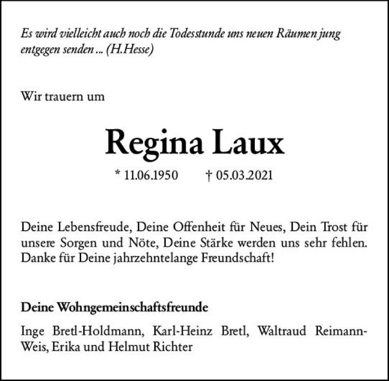  Traueranzeige für Regina Laux vom 20.03.2021 aus vrm-trauer