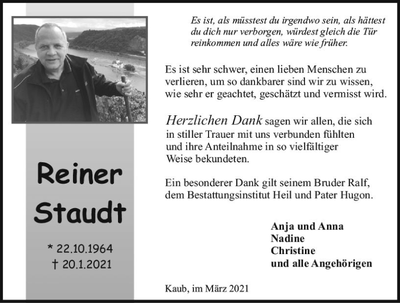 Traueranzeige für Reiner Staudt vom 20.03.2021 aus vrm-trauer