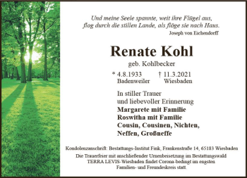 Traueranzeige von Renate Kohl von vrm-trauer