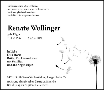 Traueranzeige von Renate Wollfinger von vrm-trauer