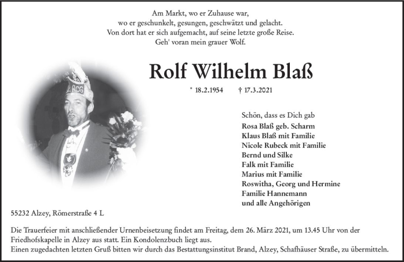  Traueranzeige für Rolf Wilhelm Blaß vom 20.03.2021 aus vrm-trauer
