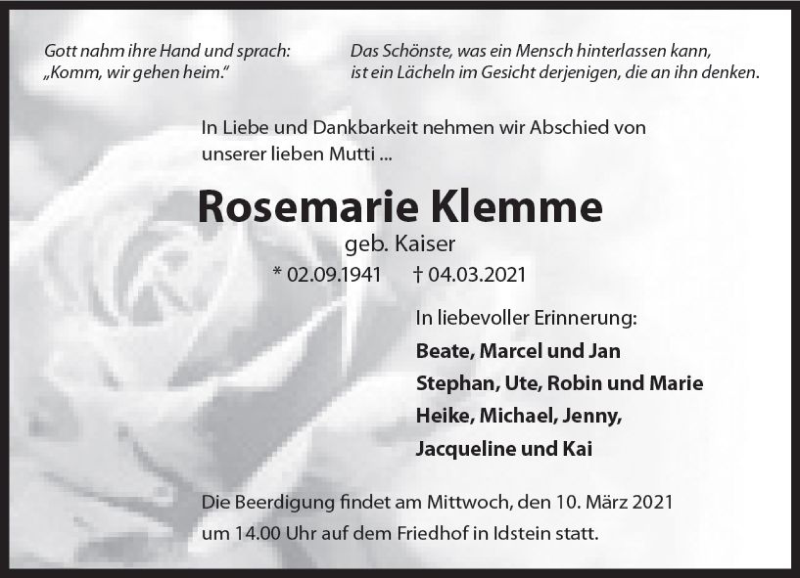  Traueranzeige für Rosemarie Klemme vom 06.03.2021 aus vrm-trauer