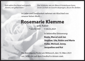 Traueranzeige von Rosemarie Klemme von vrm-trauer