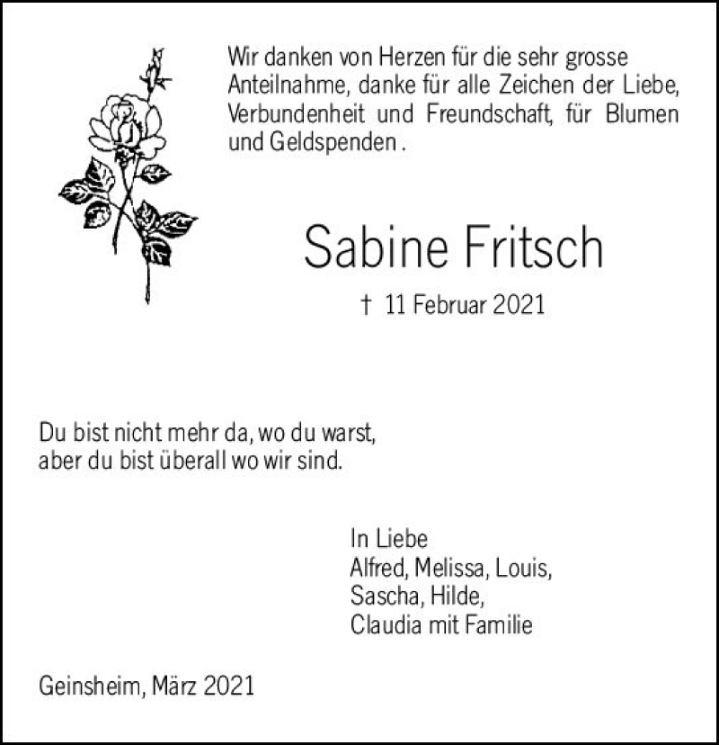  Traueranzeige für Sabine Fritsch vom 09.03.2021 aus vrm-trauer