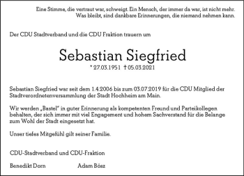 Traueranzeige von Sebastian Siegfried von vrm-trauer
