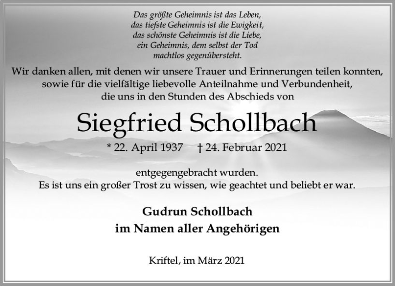  Traueranzeige für Siegfried Schollbach vom 26.03.2021 aus vrm-trauer