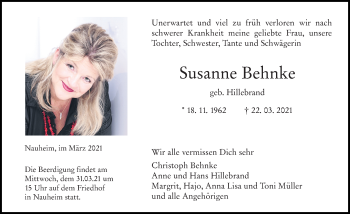 Traueranzeige von Susanne Behnke von vrm-trauer