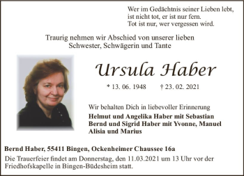Traueranzeige von Ursula Haber von vrm-trauer