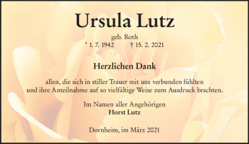 Traueranzeige von Ursula Lutz von vrm-trauer