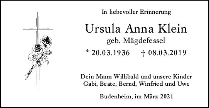  Traueranzeige für Ursula Anna Klein vom 10.03.2021 aus vrm-trauer