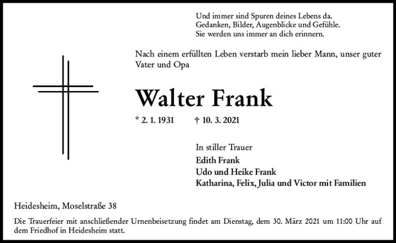  Traueranzeige für Walter Frank vom 20.03.2021 aus vrm-trauer