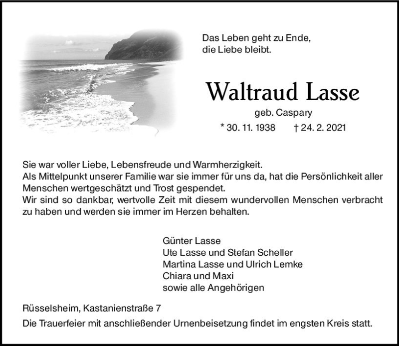  Traueranzeige für Waltraud Lasse vom 06.03.2021 aus vrm-trauer