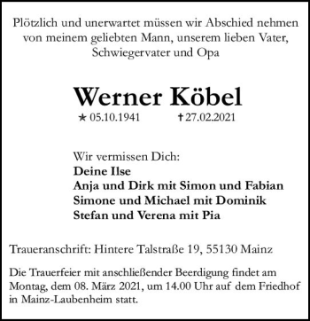 Traueranzeige von Werner Köbel von vrm-trauer
