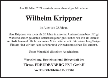 Traueranzeige von Wilhelm Krippner von vrm-trauer