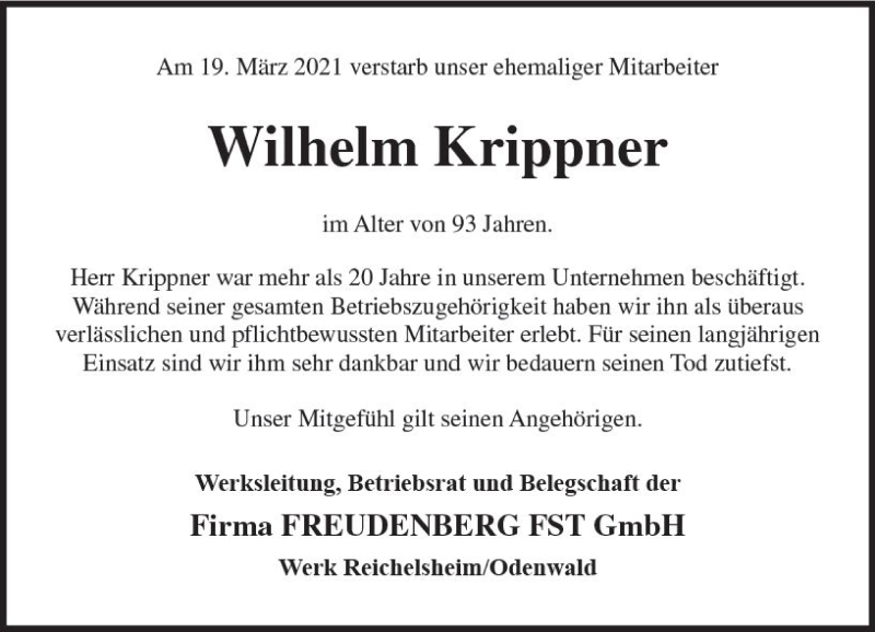  Traueranzeige für Wilhelm Krippner vom 31.03.2021 aus vrm-trauer