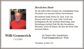 Traueranzeige von Willi Gemmerich von vrm-trauer