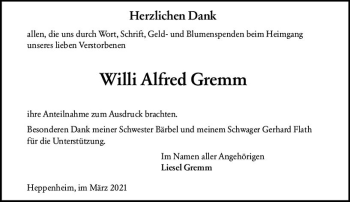 Traueranzeige von Willi Alfred Gremm von vrm-trauer