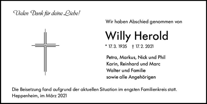  Traueranzeige für Willy Herold vom 13.03.2021 aus vrm-trauer