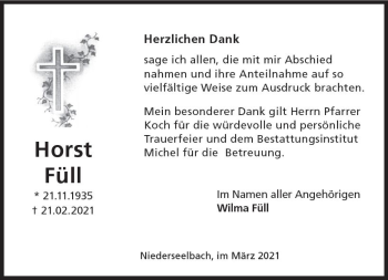 Traueranzeige von Wilma Füll von vrm-trauer