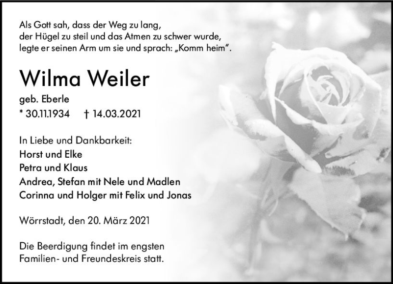  Traueranzeige für Wilma Weiler vom 20.03.2021 aus vrm-trauer