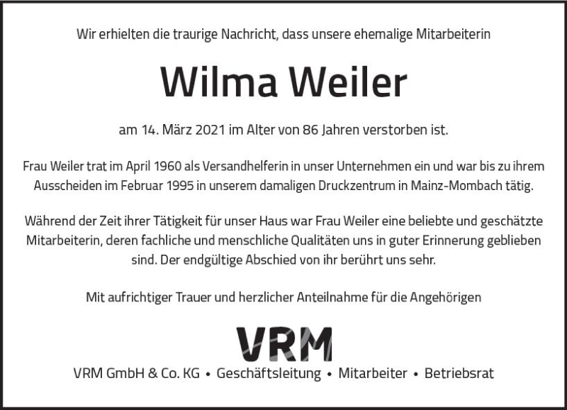  Traueranzeige für Wilma Weiler vom 20.03.2021 aus vrm-trauer