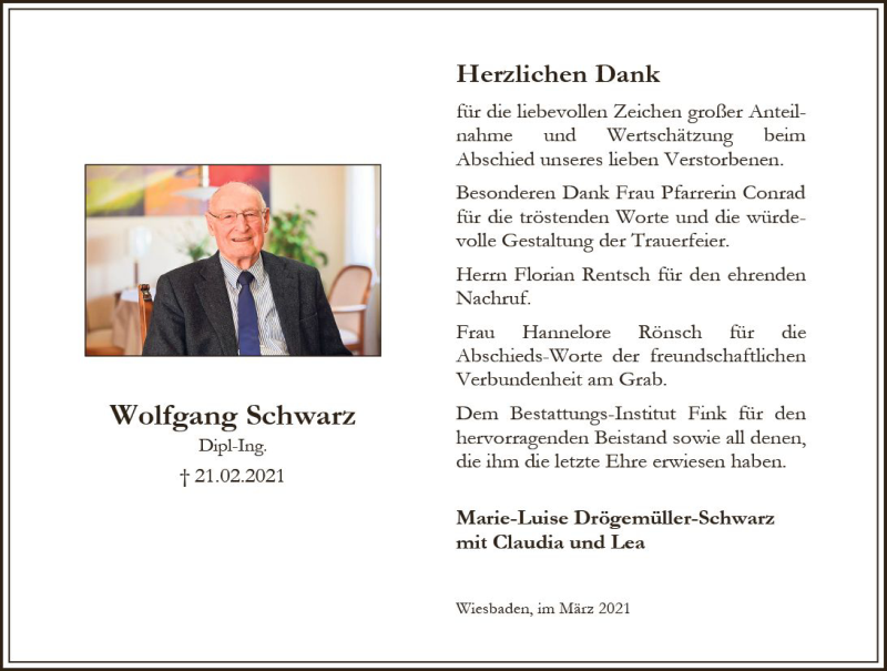  Traueranzeige für Wolfgang Schwarz vom 13.03.2021 aus vrm-trauer