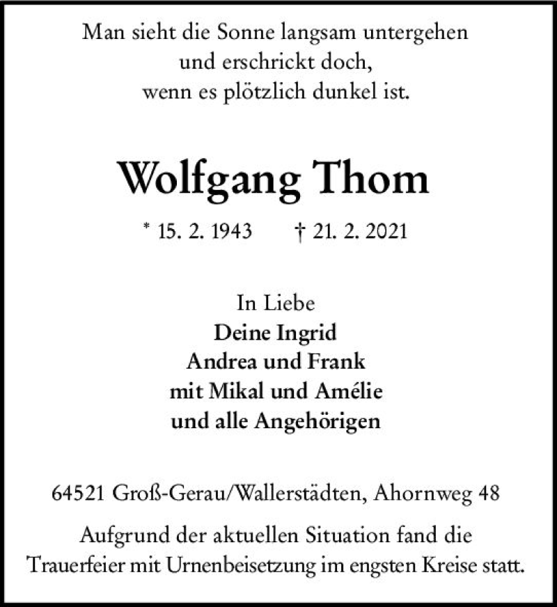  Traueranzeige für Wolfgang Thom vom 06.03.2021 aus vrm-trauer