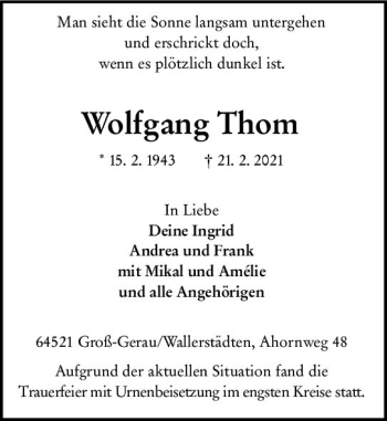 Traueranzeige von Wolfgang Thom von vrm-trauer