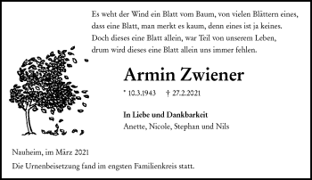 Traueranzeige von Armin Zwiener von VRM Tageszeitungen