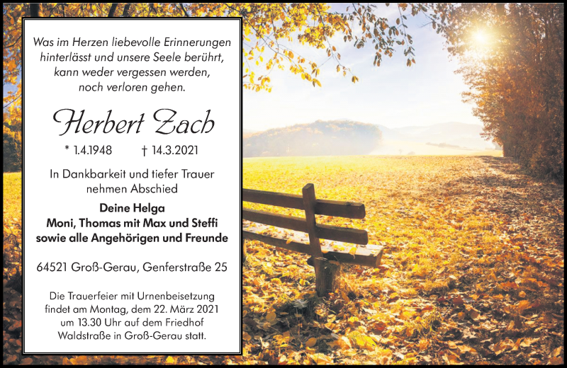  Traueranzeige für Herbert Zach vom 22.03.2021 aus 