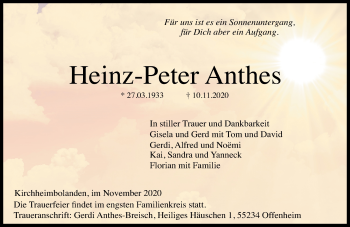 Traueranzeige von Heinz-Peter Anthes von VRM Tageszeitungen